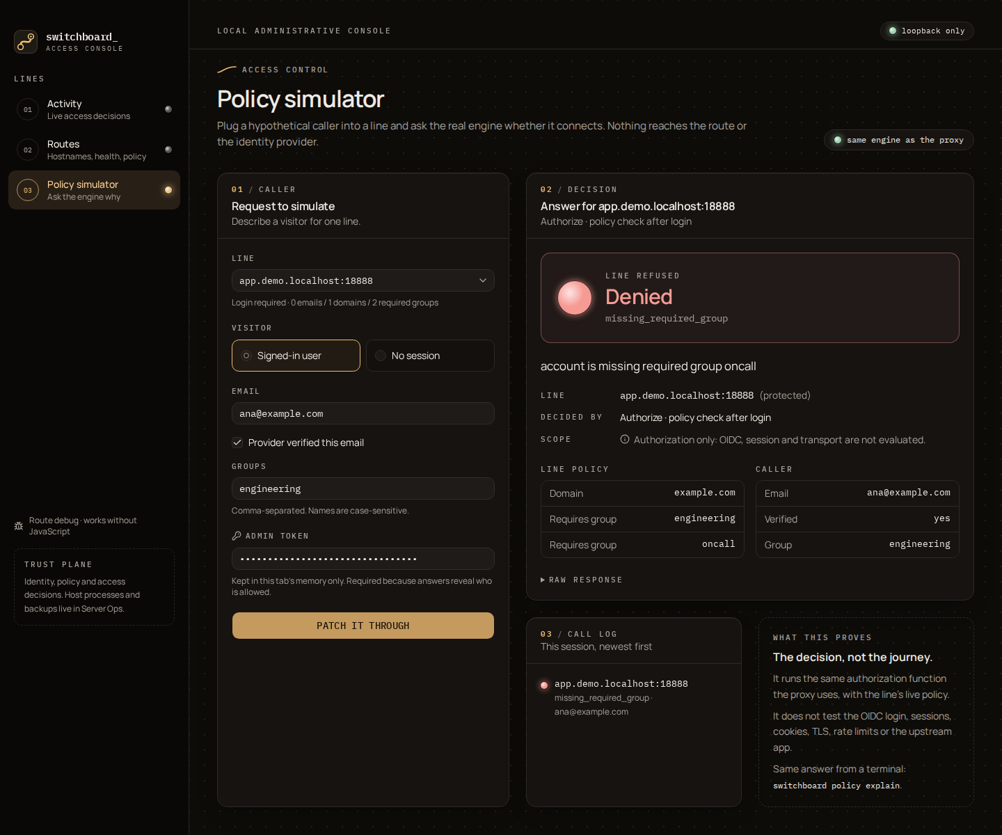 The Switchboard console's policy simulator showing a denied request: the account is missing the required group oncall.